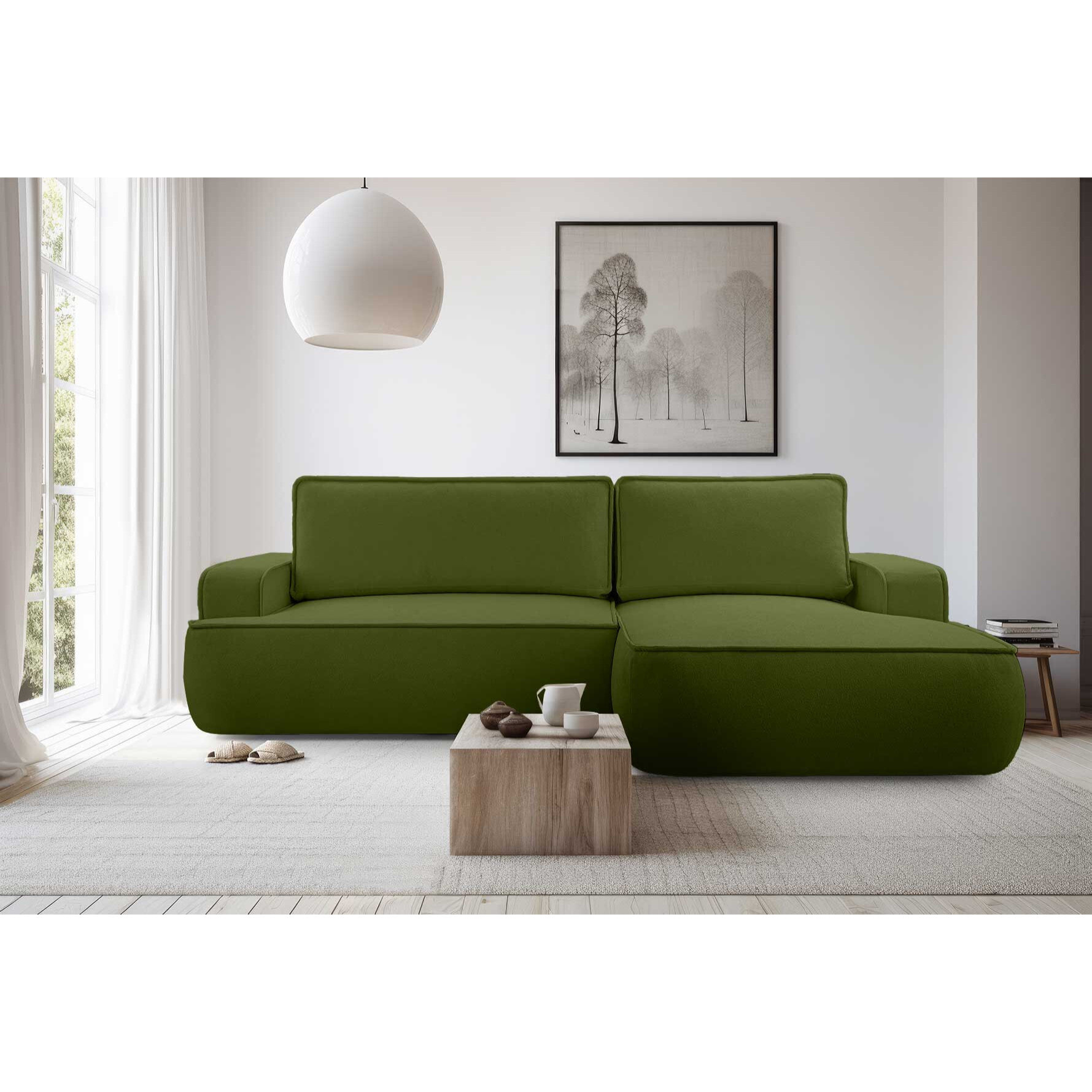 Nessino - canapé d'angle droit 4 places - convertible avec coffre - en tissu texturé - Vert