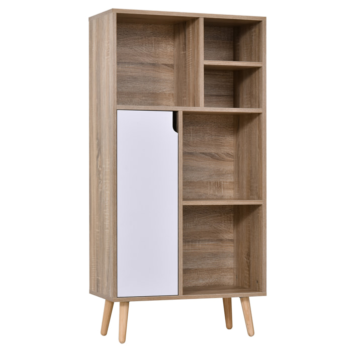 Mueble Aparador Alto Armario Auxiliar de Salón con 5 Compartimentos y 1 Puerta Multiusos para Comedor Cocina Dormitorio 60x30x121 cm Roble y Blanco