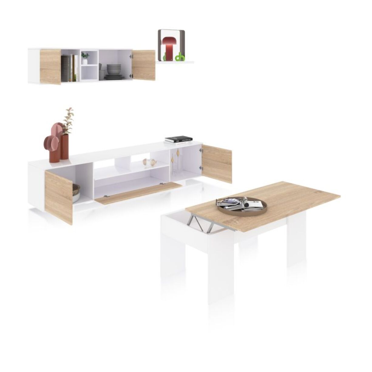 Pack salón con mesa de centro Kenzo Plus V2 Blanco Brillo - Roble Canadian