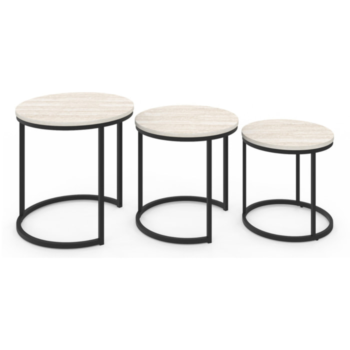 Tables basses gigognes Memphis effet travertin et pieds noirs - lot de 3