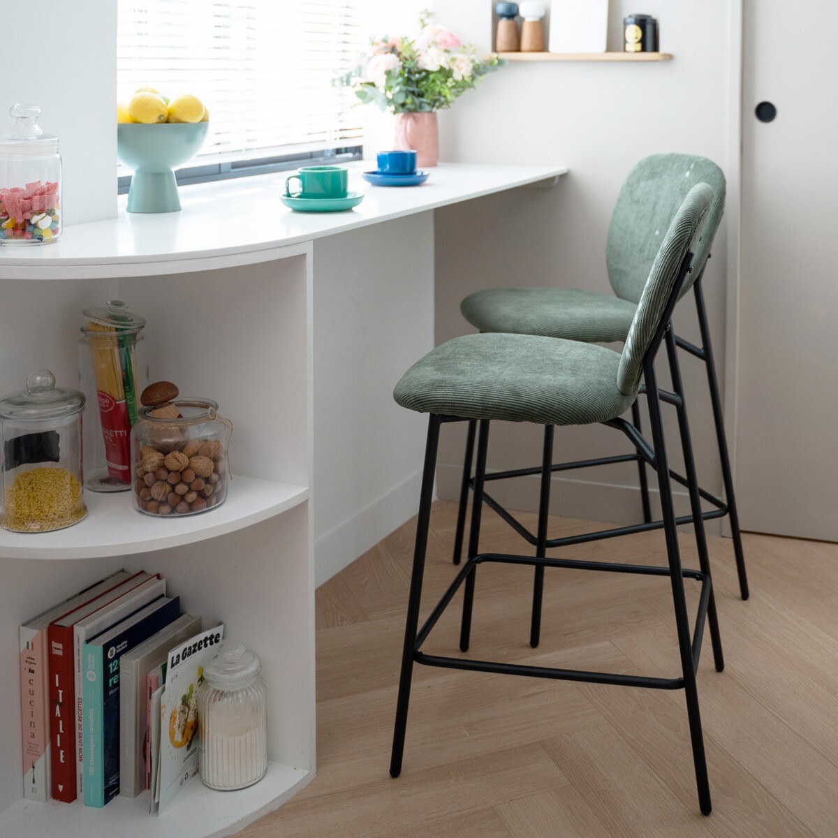 Lot de 2 tabourets de bar en velours côtelé - BETTY