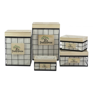 Corbeille rectangulaire fil de fer noir et bois - TREEZ