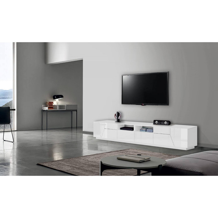 Mobile da soggiorno Porta TV, Made in Italy, Supporto per TV da salotto a 4 ante geometriche e 2 cassetti, Cm 260x43h46, Bianco lucido