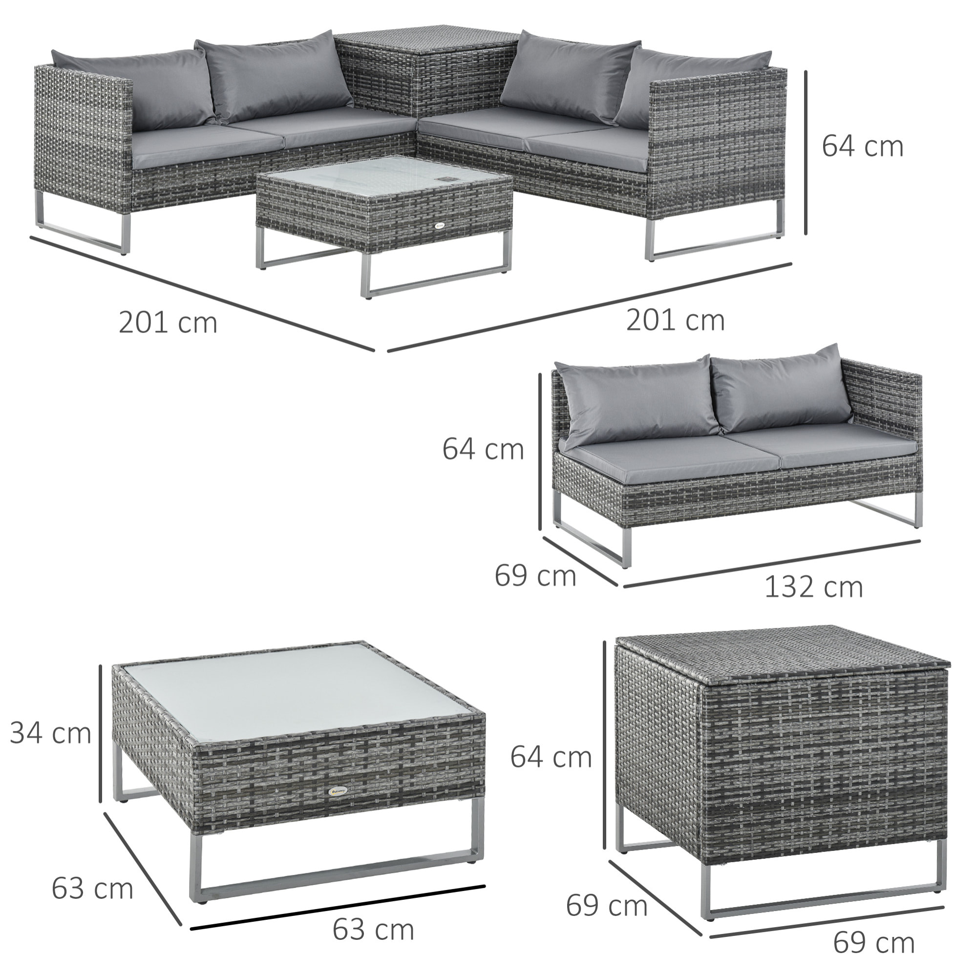 Conjunto de Muebles de Jardín de Ratán 4 Piezas con 2 Sofás Dobles Mesa de Centro Mesa con Arcón Cojines Extraíbles para Terraza Patio Exterior 132x69x64 cm Gris