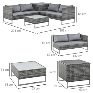 Conjunto de Muebles de Jardín de Ratán 4 Piezas con 2 Sofás Dobles Mesa de Centro Mesa con Arcón Cojines Extraíbles para Terraza Patio Exterior 132x69x64 cm Gris
