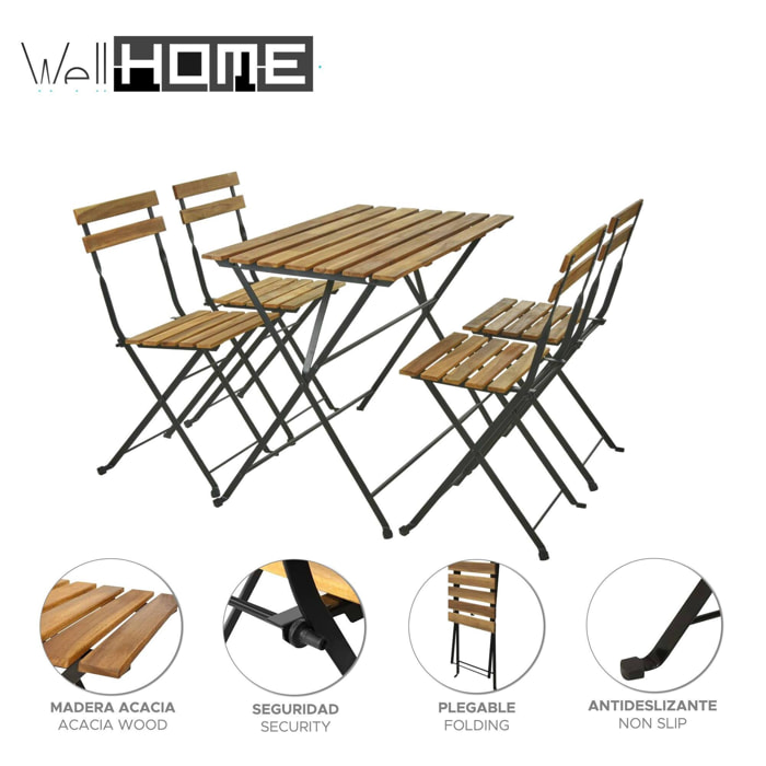 Well home - juego 'bistro' de mesa + 4 sillas en madera y marco de acero negro