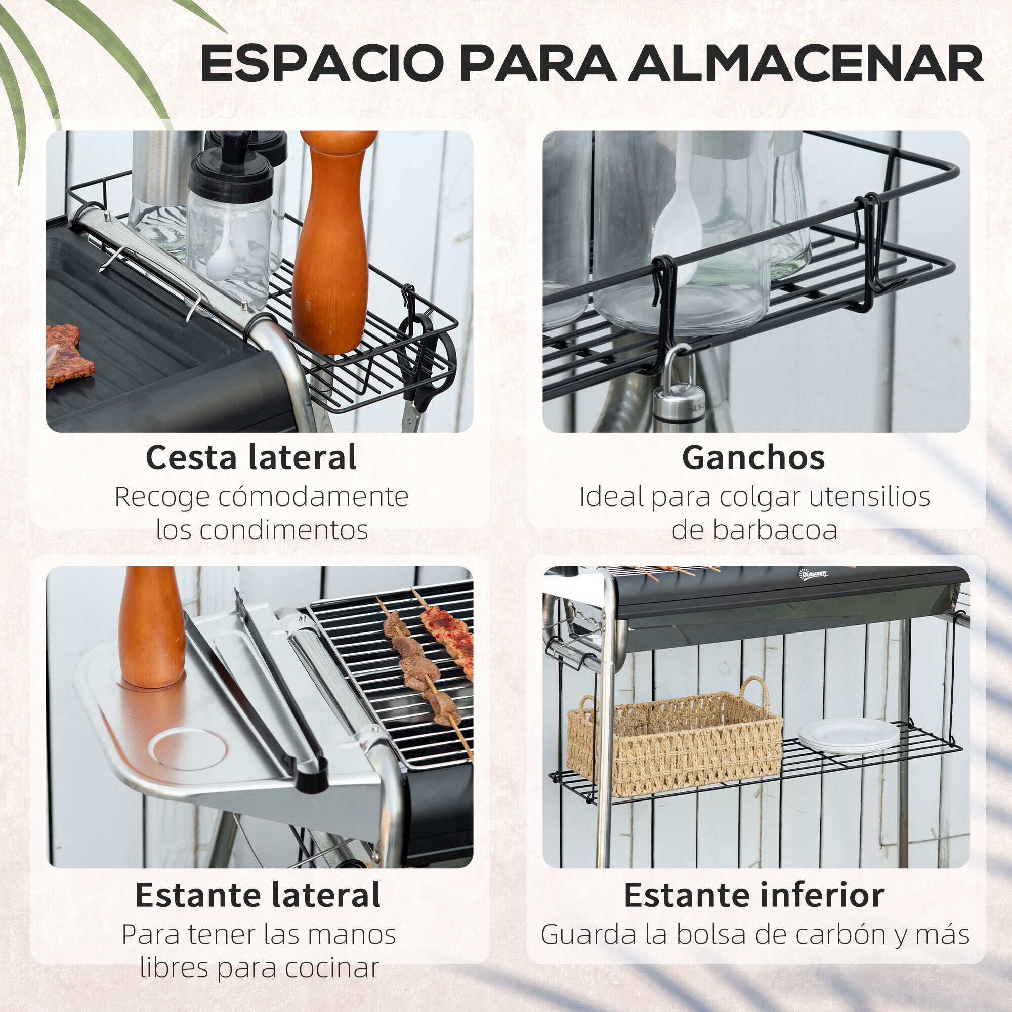 Barbacoa de Carbón Barbacoa Portátil con Parrilla de Acero Inoxidable Bandeja Especiero y Estante de Almacenamiento para Jardín Camping 107x63x75 cm Negro