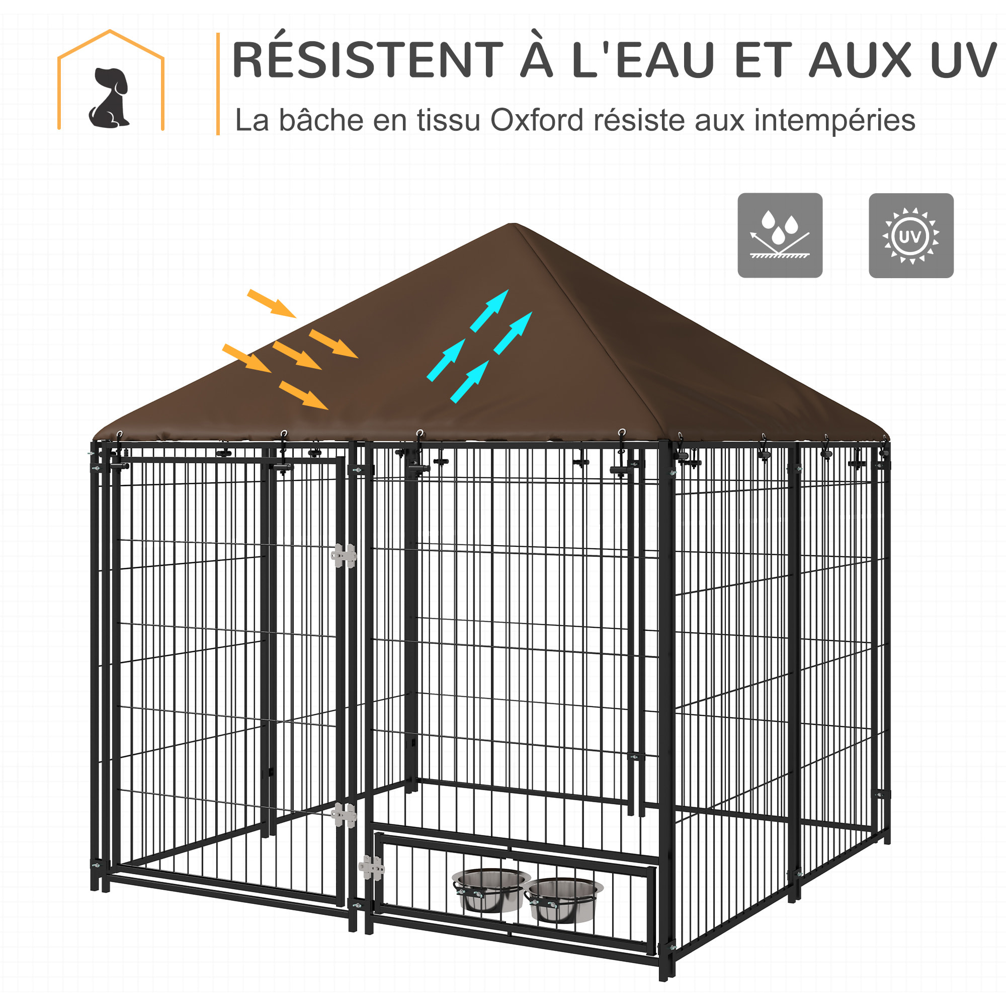 Chenil extérieur pour chiens en métal et tissu oxford avec support gamelle et toit résistant aux intempéries espace spacieux 141L x 141l x 151H cm noir