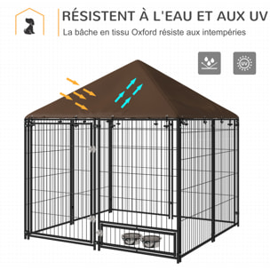 Chenil extérieur pour chiens en métal et tissu oxford avec support gamelle et toit résistant aux intempéries espace spacieux 141L x 141l x 151H cm noir