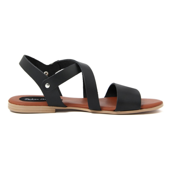 Sandali Flat Made in Italy in pelle colore Nero, Altezza tacco 1,2 cm