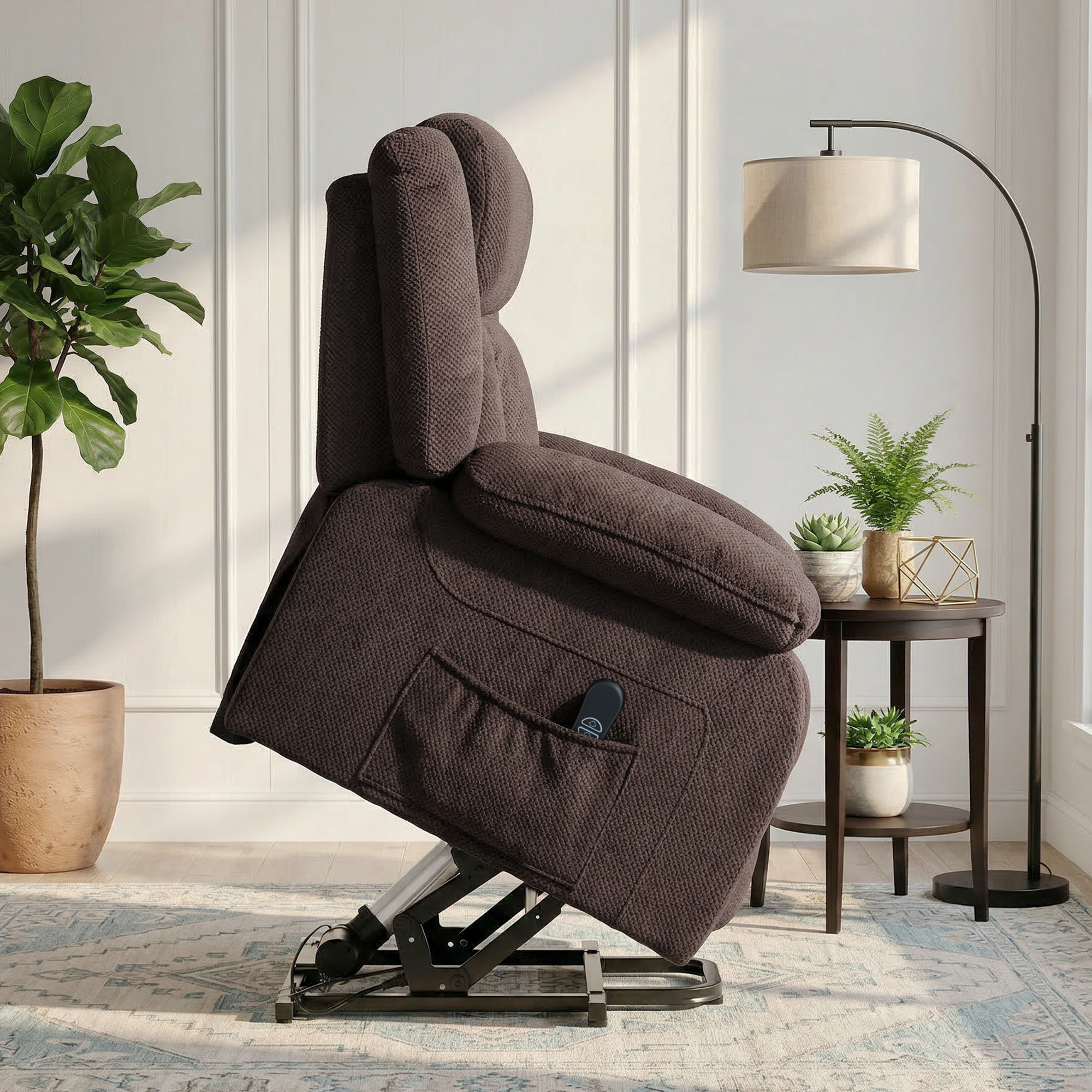Sillón Relax Reclinable Eléctrico Levanta Personas, con Puerto USB, Sillón Elevador, con Control Remoto, Asiento Ancho, Reposapiés, Tapizado en Terciopelo, Bolsillos Laterales, Marrón