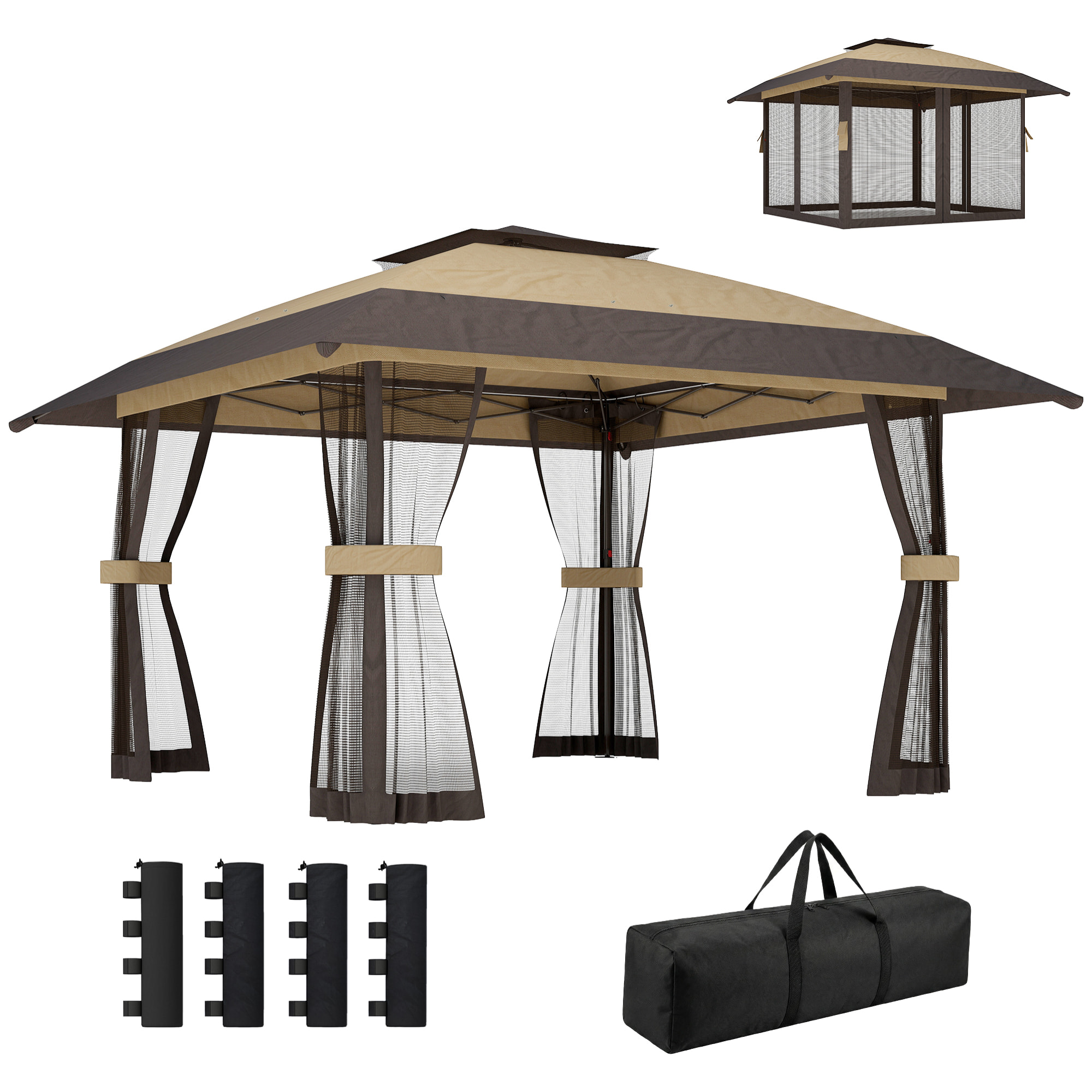 Carpa Plegable 4x4 m, Pop-up, con Doble Techo, 4 Paredes Laterales de Malla, Cenador de Jardín con Altura Ajustable 3 Niveles, Bolsa de Transporte, UPF30+, Gazebo para Camping, Fiestas, Caqui