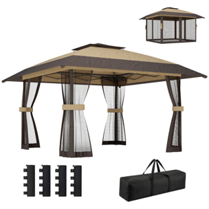 Carpa Plegable 4x4 m, Pop-up, con Doble Techo, 4 Paredes Laterales de Malla, Cenador de Jardín con Altura Ajustable 3 Niveles, Bolsa de Transporte, UPF30+, Gazebo para Camping, Fiestas, Caqui