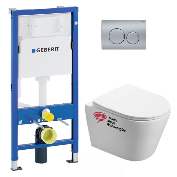 Pack WC sans bride Infinitio, fixations invisibles + Abattant softclose slim + Bâti support Geberit UP100 + Plaque chrome mat