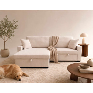 Gisele - Canapé d'angle réversible 4 places convertible avec coffre en velours côtelé - Beige