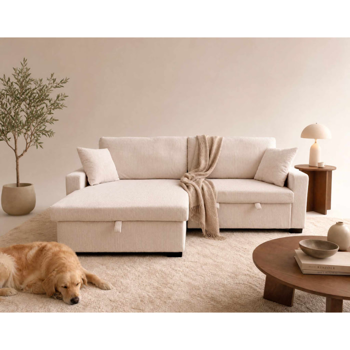 Gisele - Canapé d'angle réversible 4 places convertible avec coffre en velours côtelé - Beige