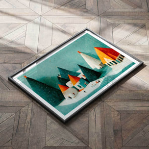 Affiche enfant petit village de neige  Affiche + cadre en bois - Noir