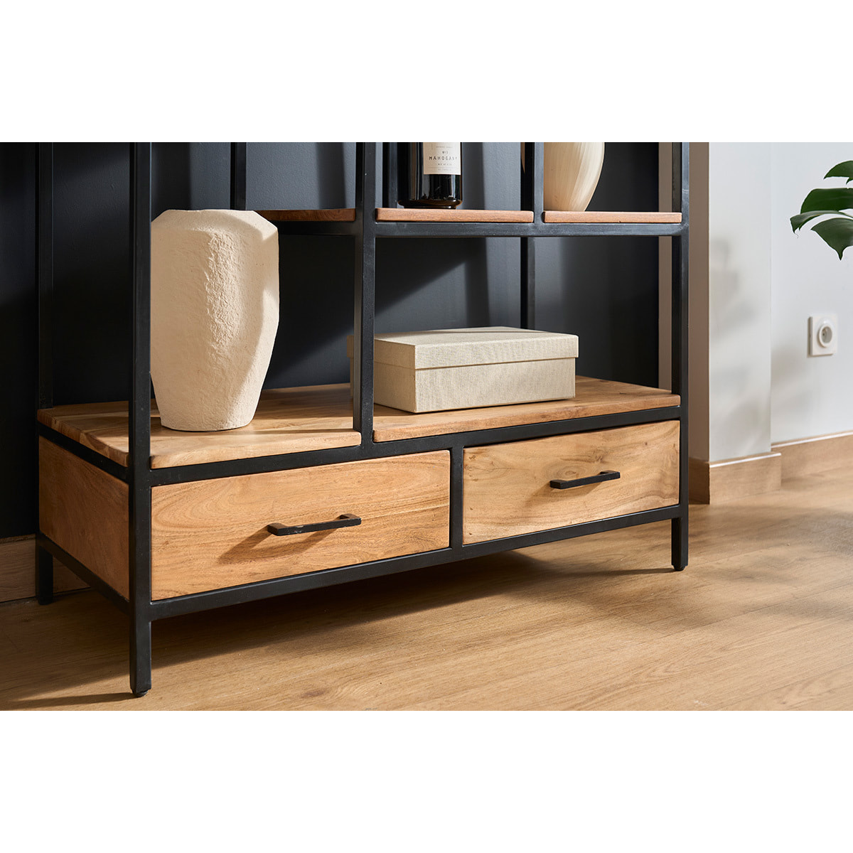 Bibliothèque industrielle en bois massif et métal noir L90 cm JASPE