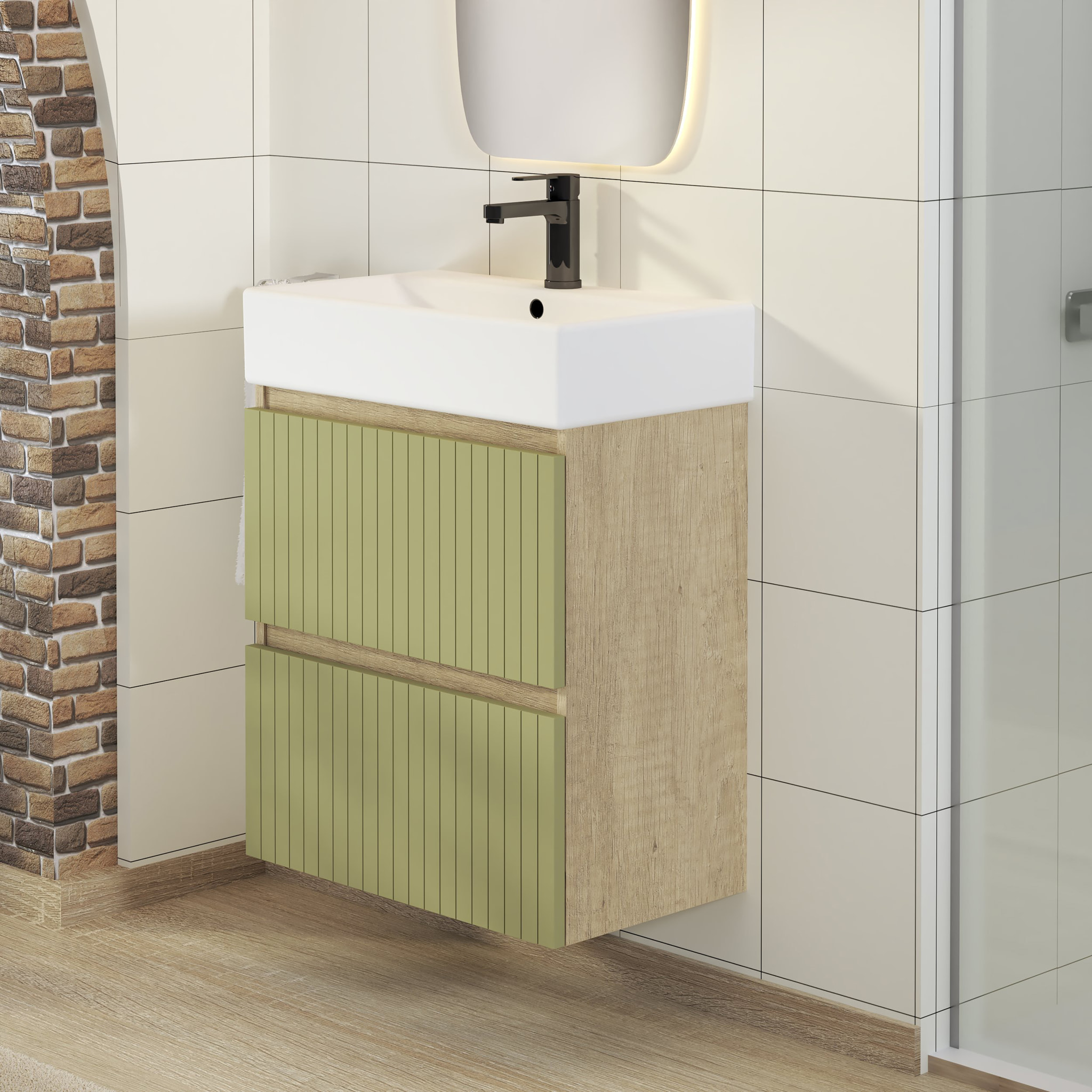 Conjunto de Baño Zel | Mueble Suspendido | 60 cm Verde | Dos Cajones | Lavabo Encastrado | No incluye Espejo | Mueble Montado| Alday