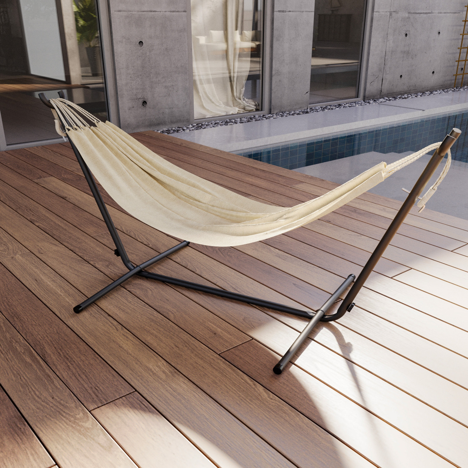 Amaca Da Giardino Con Supporto In Acciaio Portata 200 Kg Regolabile Telo Cotone Resistente Esterno Terrazzo Borsa 265x110x100 Cm Beige
