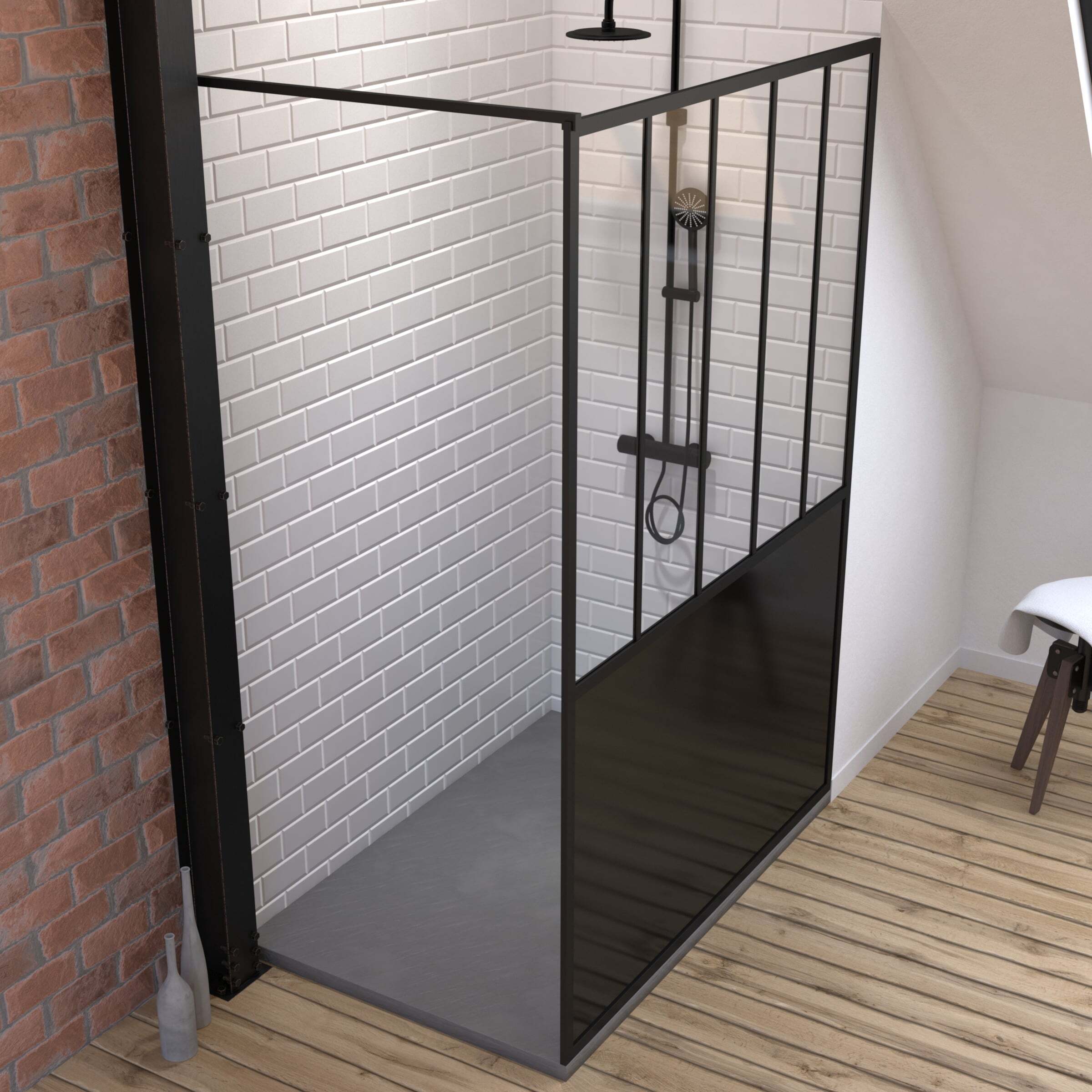 Pack Paroi de douche 90x200 cm noir mat + RECEVEUR DE DOUCHE A POSER EN RESINE SMC