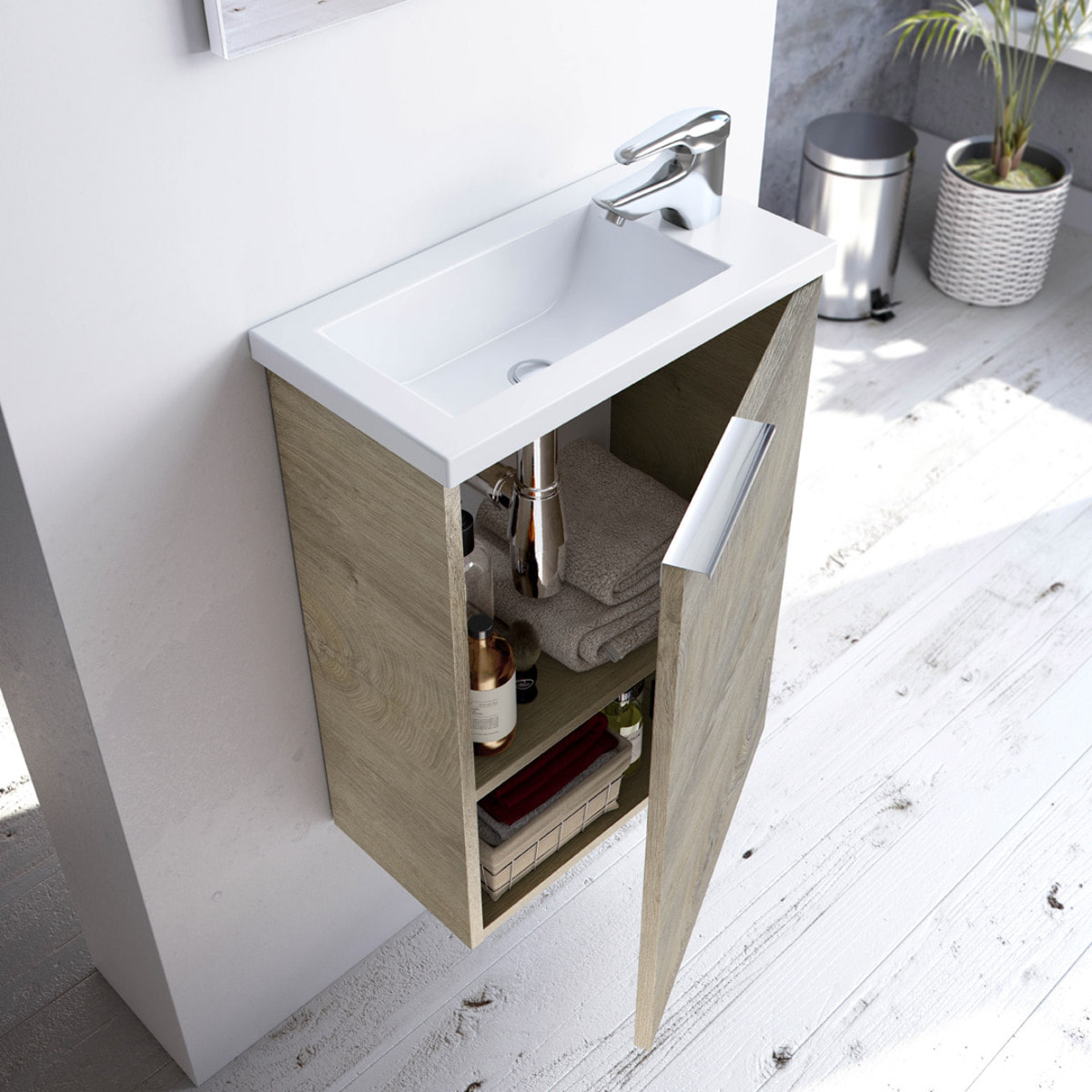 Mueble Baño Con Espejo Y Lavabo Compact 58x40x22 Cm Roble Alaska