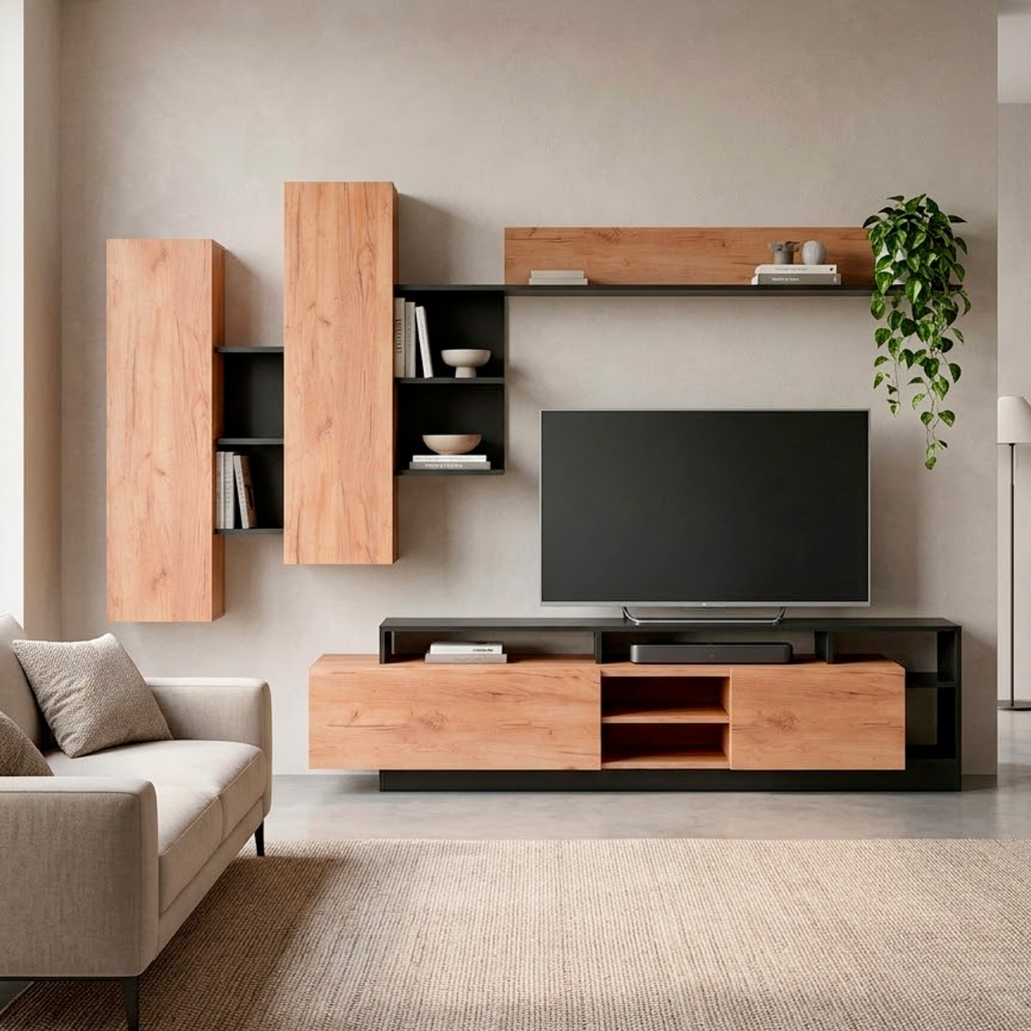 Parete attrezzata mobile da soggiorno mobile da tv moderno  260 x  43.6 x 171.5 cm Rovere e Antracite