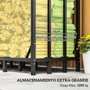 Soporte para Leña con Cubierta Estante de Leña Leñero de Metal con Estructura Reforzada Carga 1200 kg para Interior y Exterior 143x70x145 cm Negro
