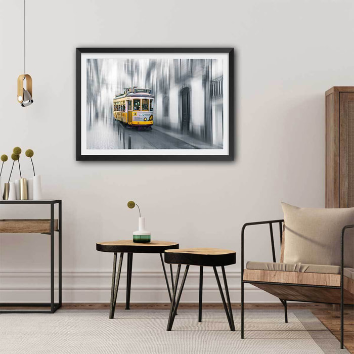 Poster lisboa - tram 28 Affiche + cadre en bois - Noir
