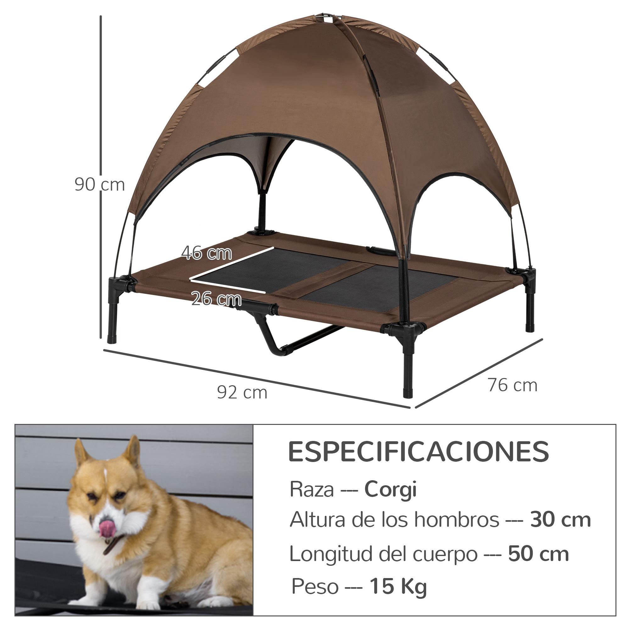 Cama Elevada para Mascotas Portátil con Toldo Extraíble Tela Transpirable al Aire Libre para Interior y Exterior 92x76x90 cm Café