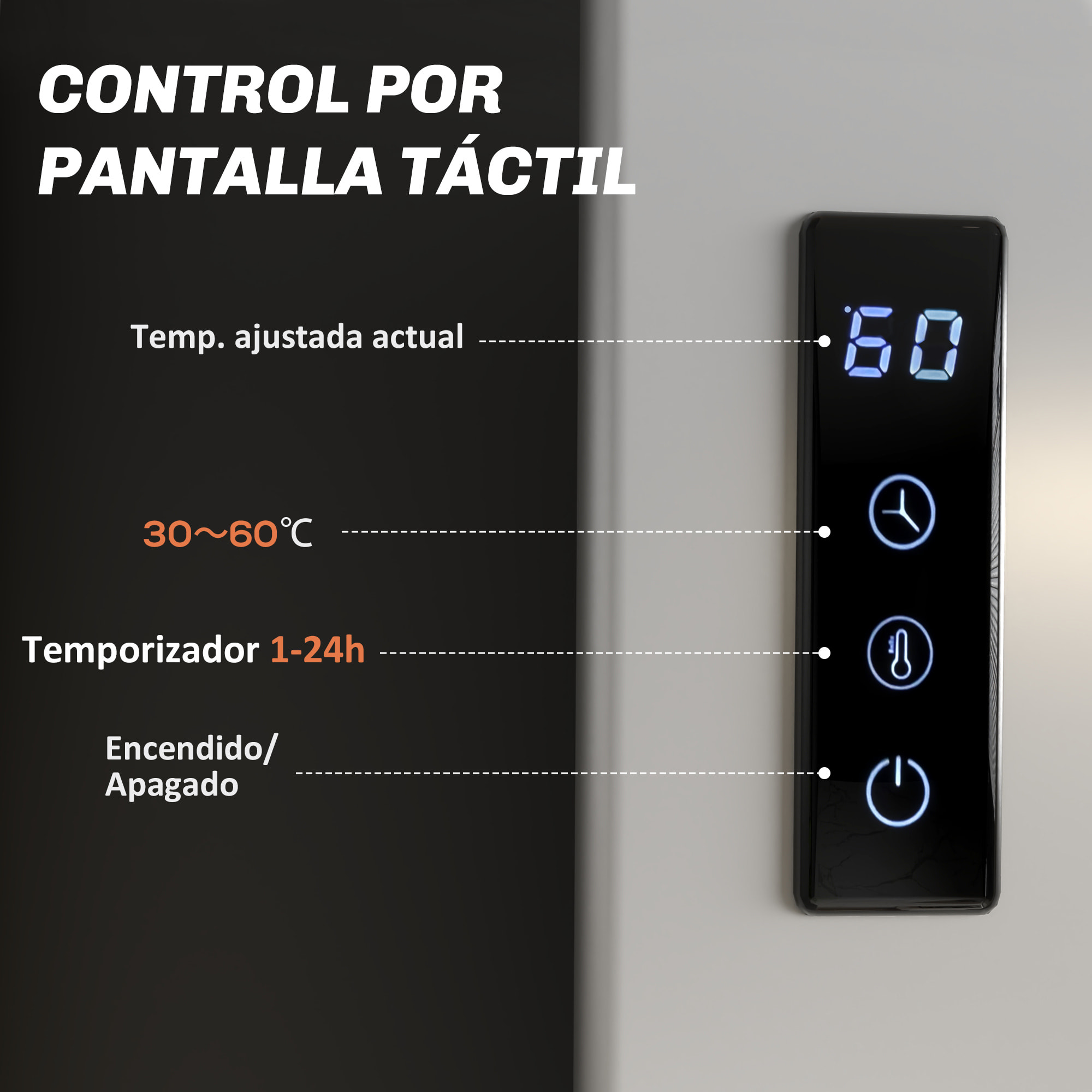 Toallero Eléctrico de Pared 130W Radiador Toallero Eléctrico de Aleación de Aluminio con Control WIFI Pantalla Táctil Temporizador 4 Barras Temperatura Ajustable Bajo Consumo IPX4 Blanco