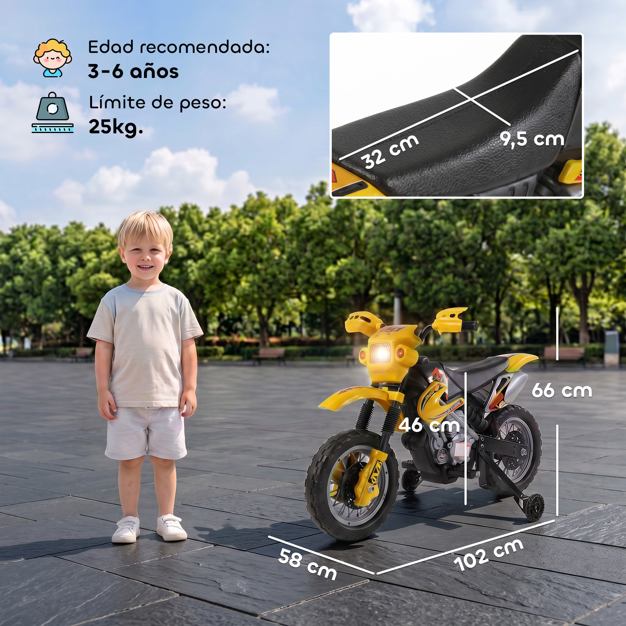 HOMCOM Moto Eléctrica para Niños, Moto Eléctrica Infantil con Ruedas de Apoyo Desmontables, Faros, Música, Regalo para Niños 3-6 Años, Amarillo