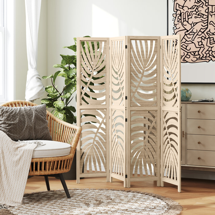Paravent interieur 4 panneaux style exotique - séparateur pliable ajustable 2 parties - bois ajouré feuilles