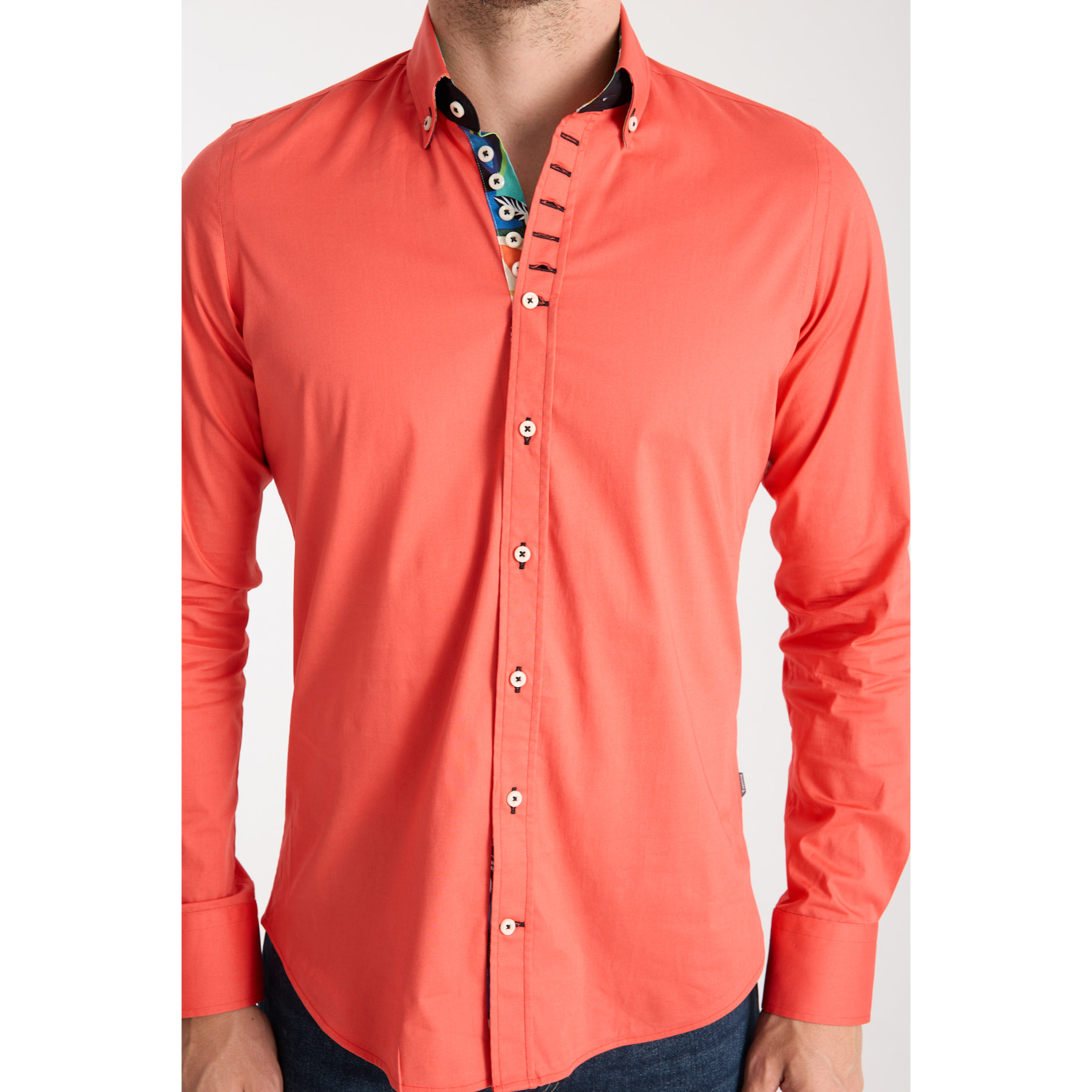 Camicia Uomo 1 Bottoni Button Down Slim Popeline Stretch Unito Corallo