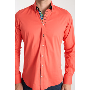 Camicia Uomo 1 Bottoni Button Down Slim Popeline Stretch Unito Corallo