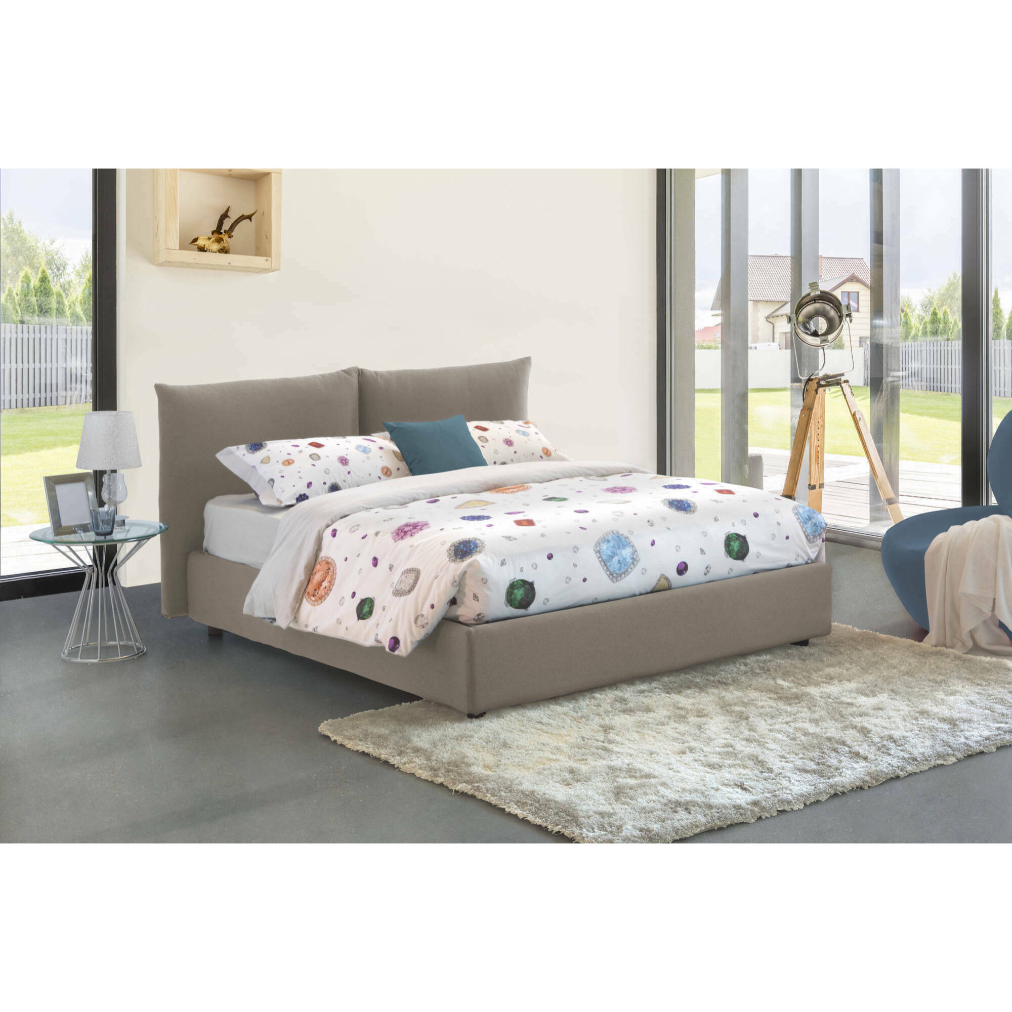 Letto matrimoniale Cristyn, Letto contenitore con rivestimento in tessuto, 100% Made in Italy, Apertura frontale, con materasso Cm 160x200 incluso, Tortora