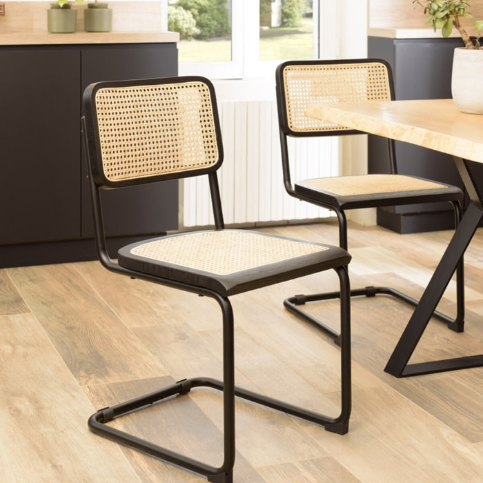 PIERRE - Lot de 2 chaises assise bois noir/rotin naturel pieds métal