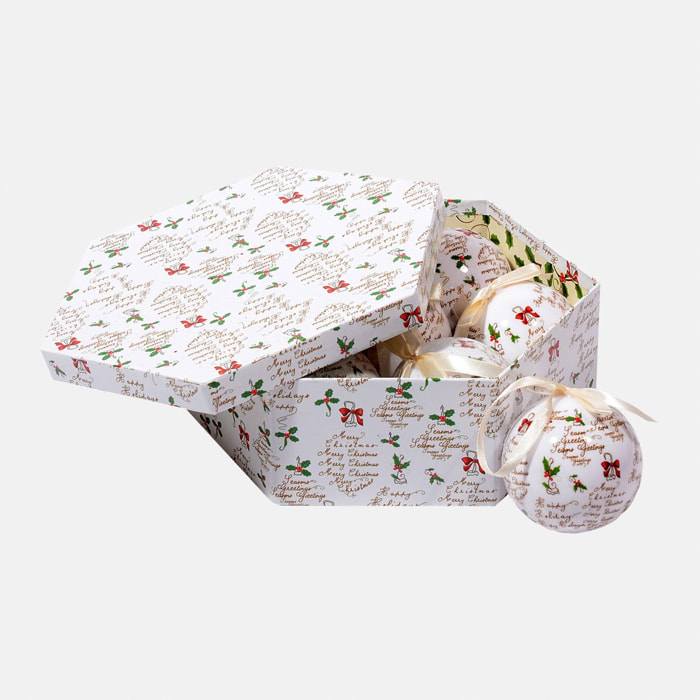 Box 7 sfere natalizie, Fantasia scritte, Set assortimento palline di Natale, Scatola set albero di Natale ,Diametro 7,5 cm, Bianco