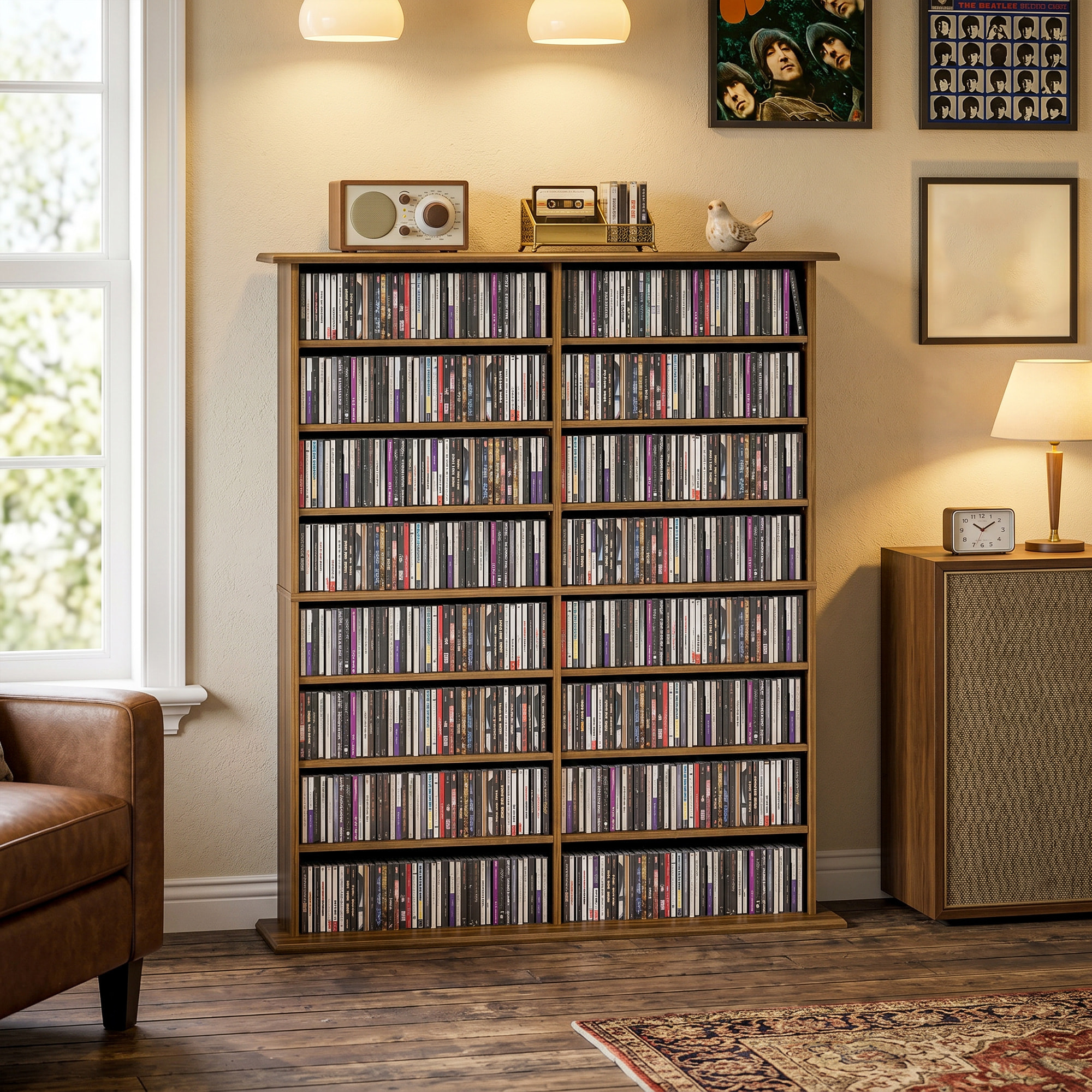 Étagère range CD - meuble rangement CD DVD - 16 compartiments, 12 étagères réglables - max 720 CD/396 DVD - noyer
