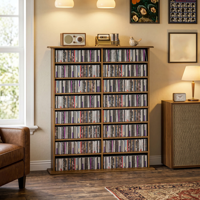 Étagère range CD - meuble rangement CD DVD - 16 compartiments, 12 étagères réglables - max 720 CD/396 DVD - noyer