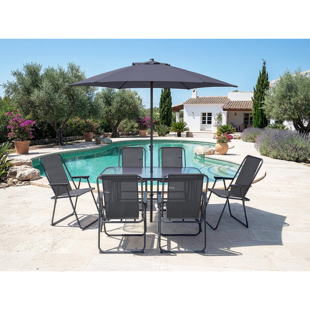 Table et chaises de jardin avec parasol en métal "Convivia" - 6 places - Gris anthracite