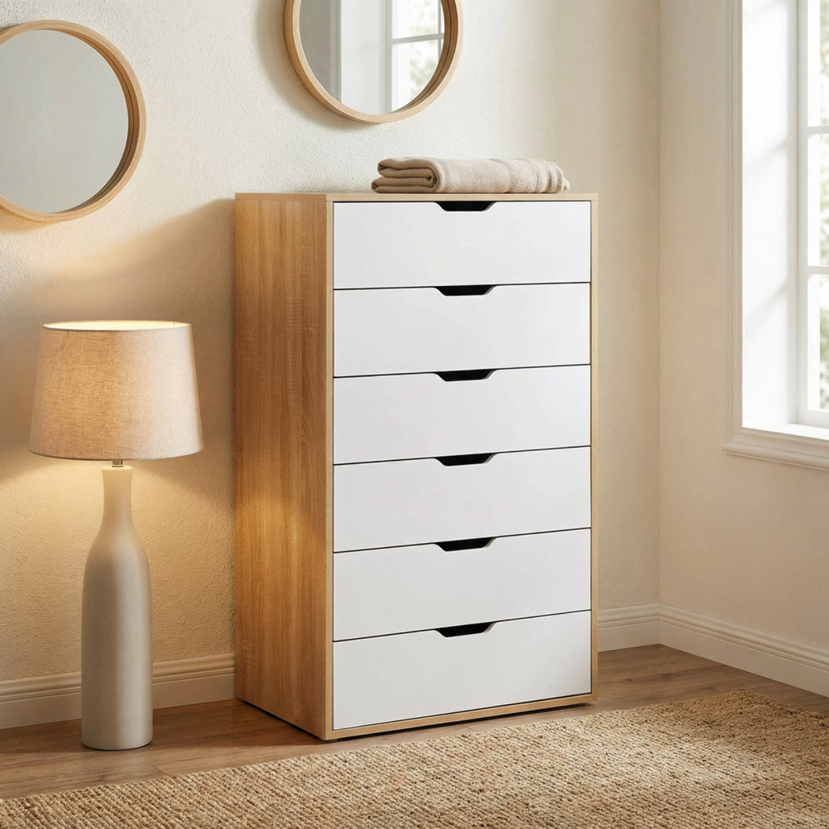 Cassettiera 6 cassetti bianca e rovere 68x40x115 cm - Sky