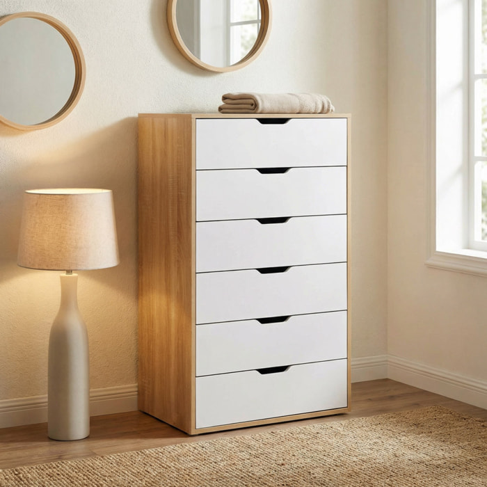 Cassettiera 6 cassetti bianca e rovere 68x40x115 cm - Sky