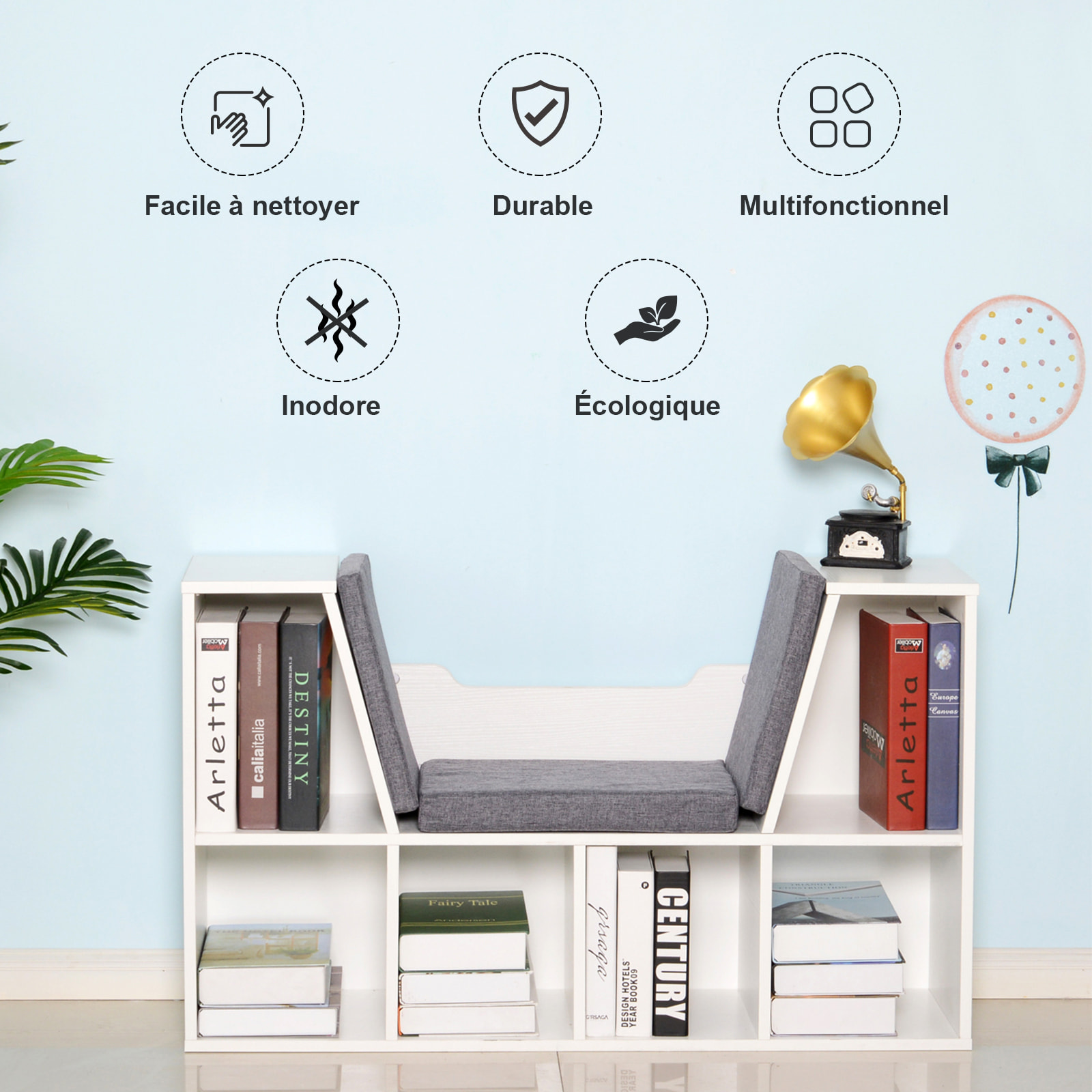 Bibliothèque banc 2 en 1 design contemporain 6 casiers 3 coussins fournis 102L x 30l x 61H cm blanc gris chiné