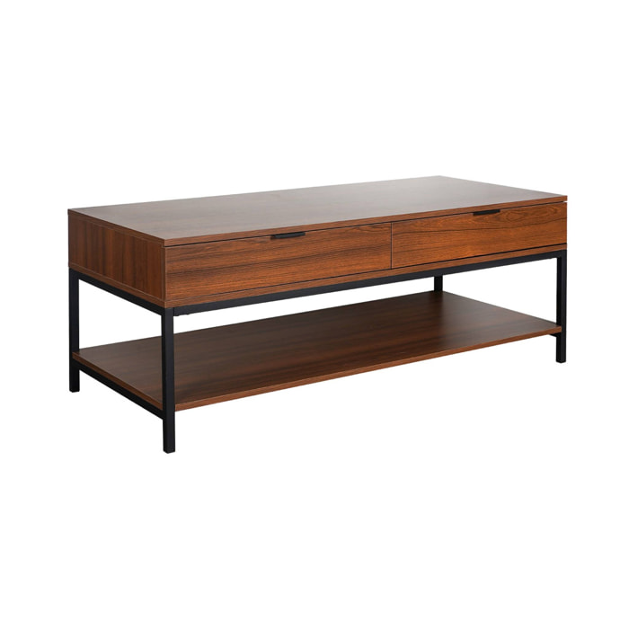 Table basse coloris noyer avec pieds et poignée en métal noir - 2 tiroirs et 1 étagère