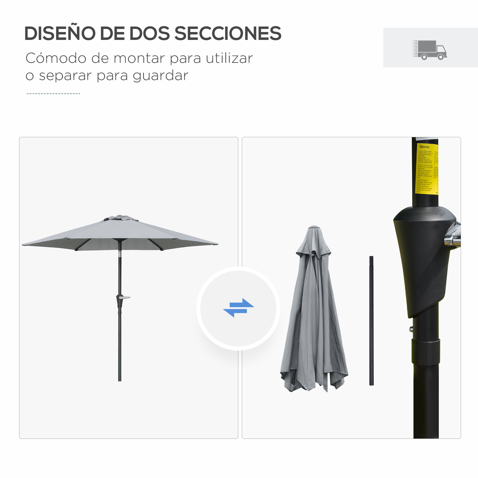 Sombrilla Terraza Exterior Ø230 cm Sombrilla de Jardín con Ángulo Ajustable y Manivela Impermeable Parasol para Patio Terraza Gris