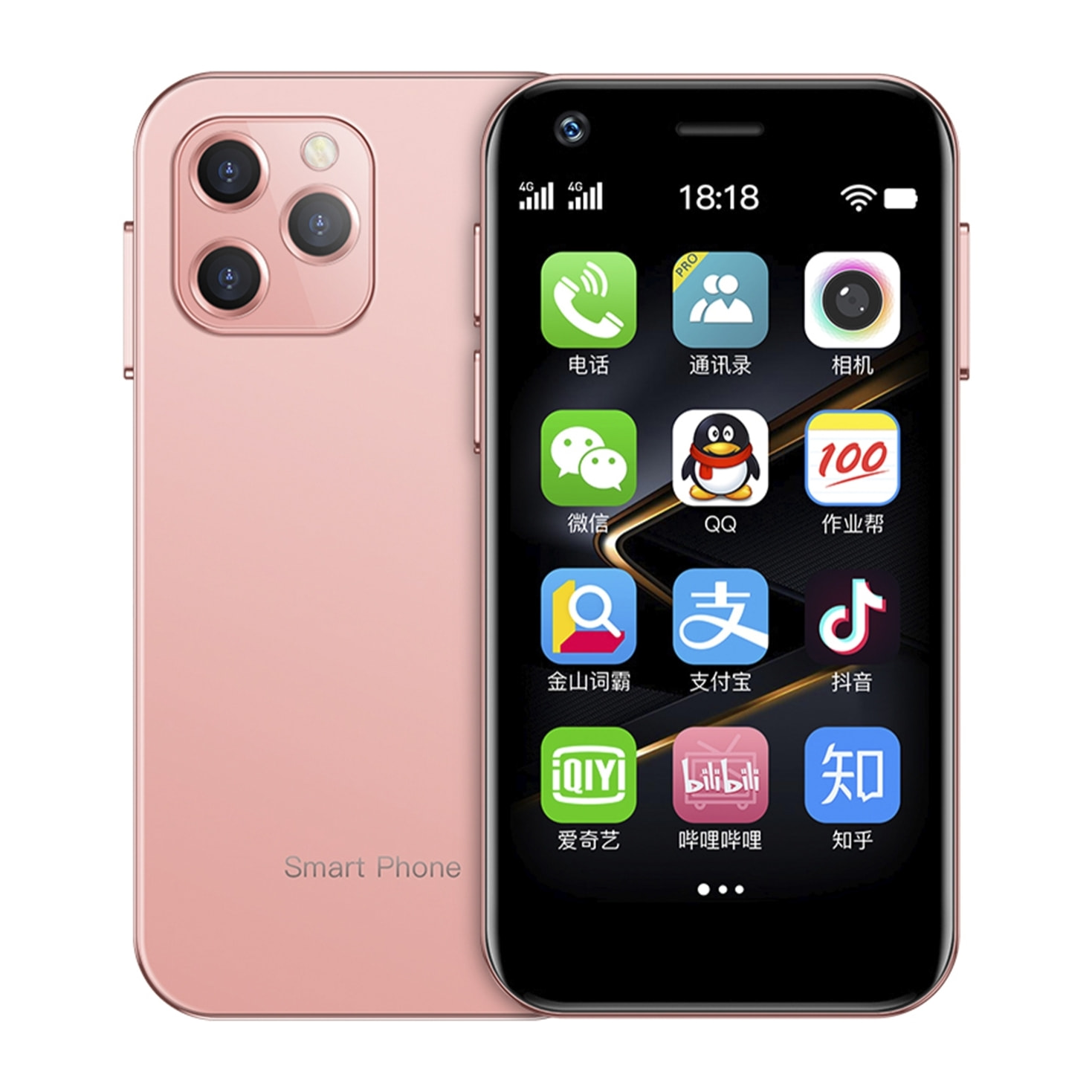 DAM Smartphone  Mini XS12 4G, Android, 4GB RAM + 64GB. Schermo da 3''. Doppia scheda SIM. 4,5x1,1x8,9 cm. Colore rosa