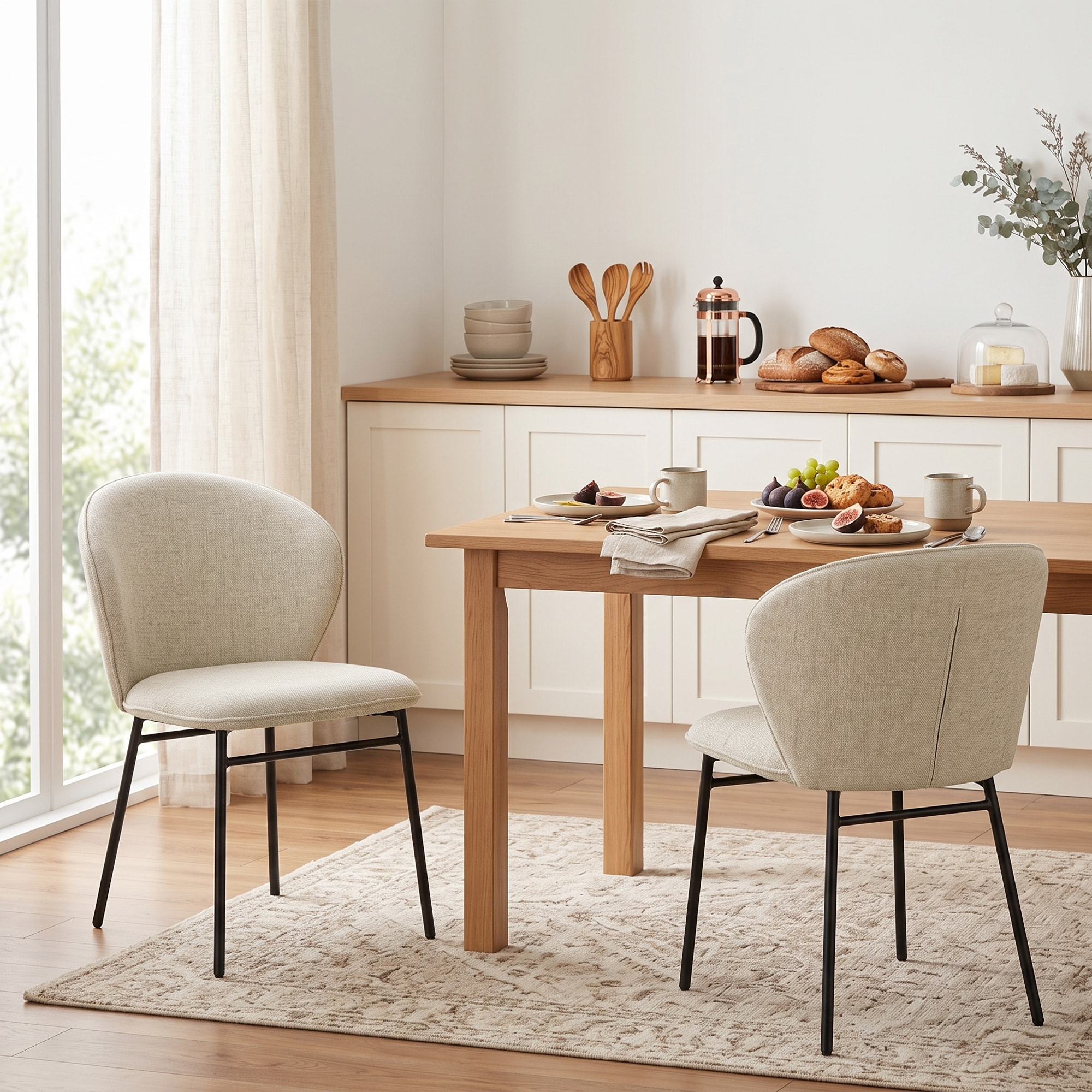 Lot de 2 chaises grand confort dossier enveloppant piètement acier noir revêtement tissu aspect lin beige