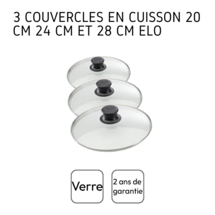 Set de 3 couvercles de cuisson en verre Elo