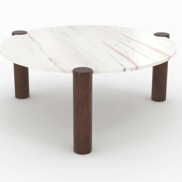 Table basse ronde en marbre et bois de manguier D86 cm - Pauline